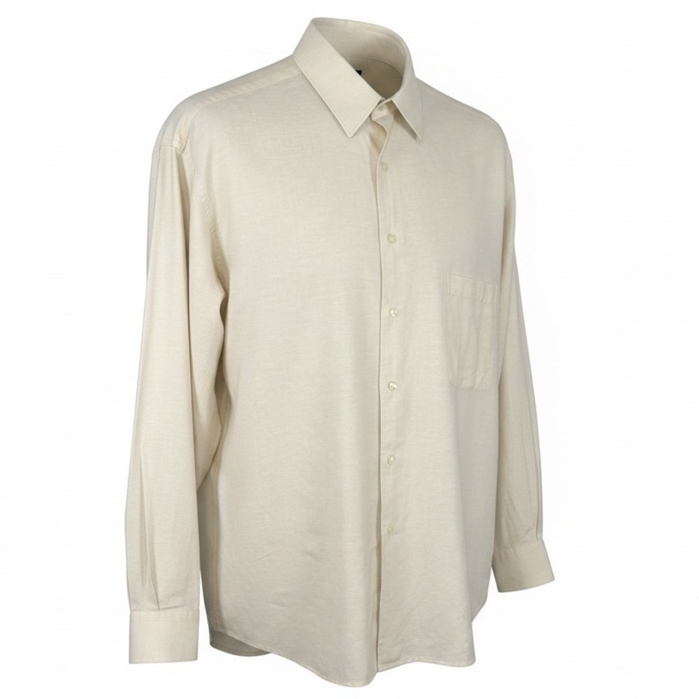 Claiborne Mens Linen Cotton Blend Button Down Shirt Cream Beige 17 34-35